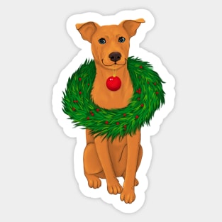 Cute brown staffy dog with a Christmas wreath Sticker